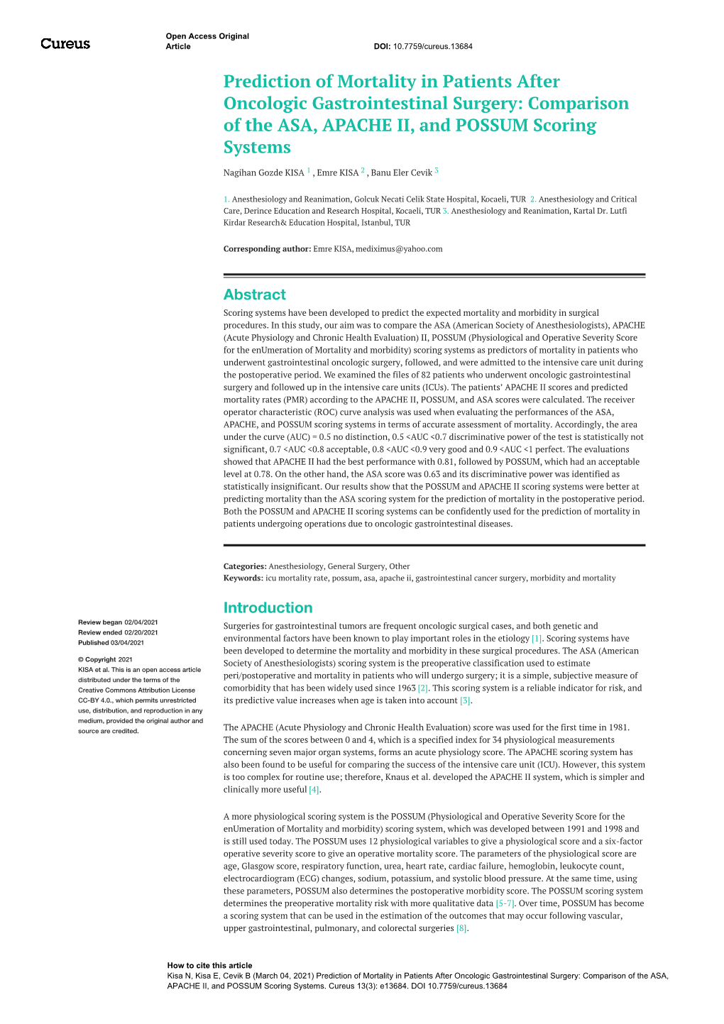 Prediction of Mortality in Patients After Oncologic Gastrointestinal Surgery: Comparison of the ASA, APACHE II, and POSSUM Scoring Systems