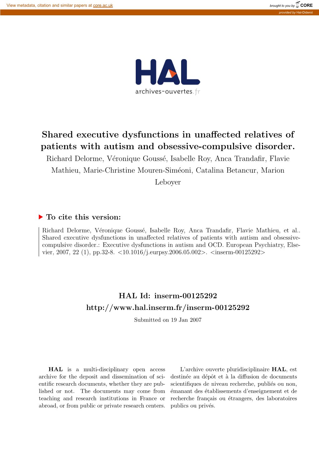 Shared Executive Dysfunctions in Unaffected Relatives of Patients with Autism and Obsessive-Compulsive Disorder