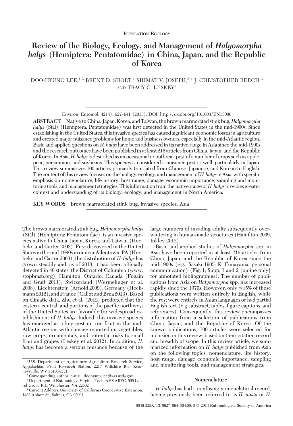 Review of the Biology, Ecology, and Management of Halyomorpha Halys (Hemiptera: Pentatomidae) in China, Japan, and the Republic of Korea