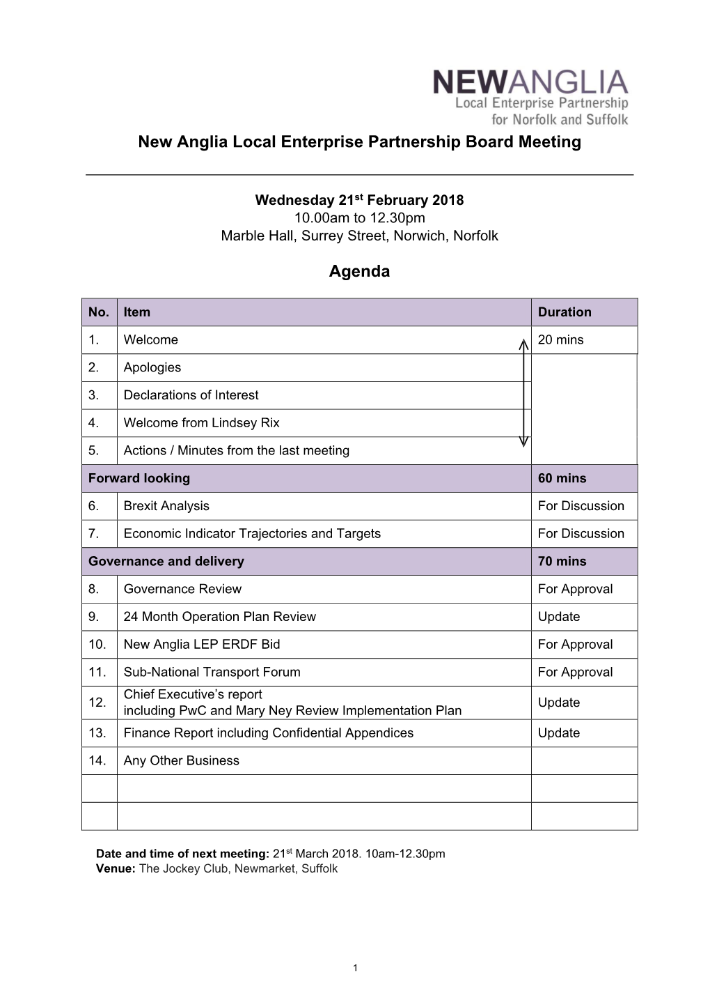 New Anglia Local Enterprise Partnership Board Meeting Agenda