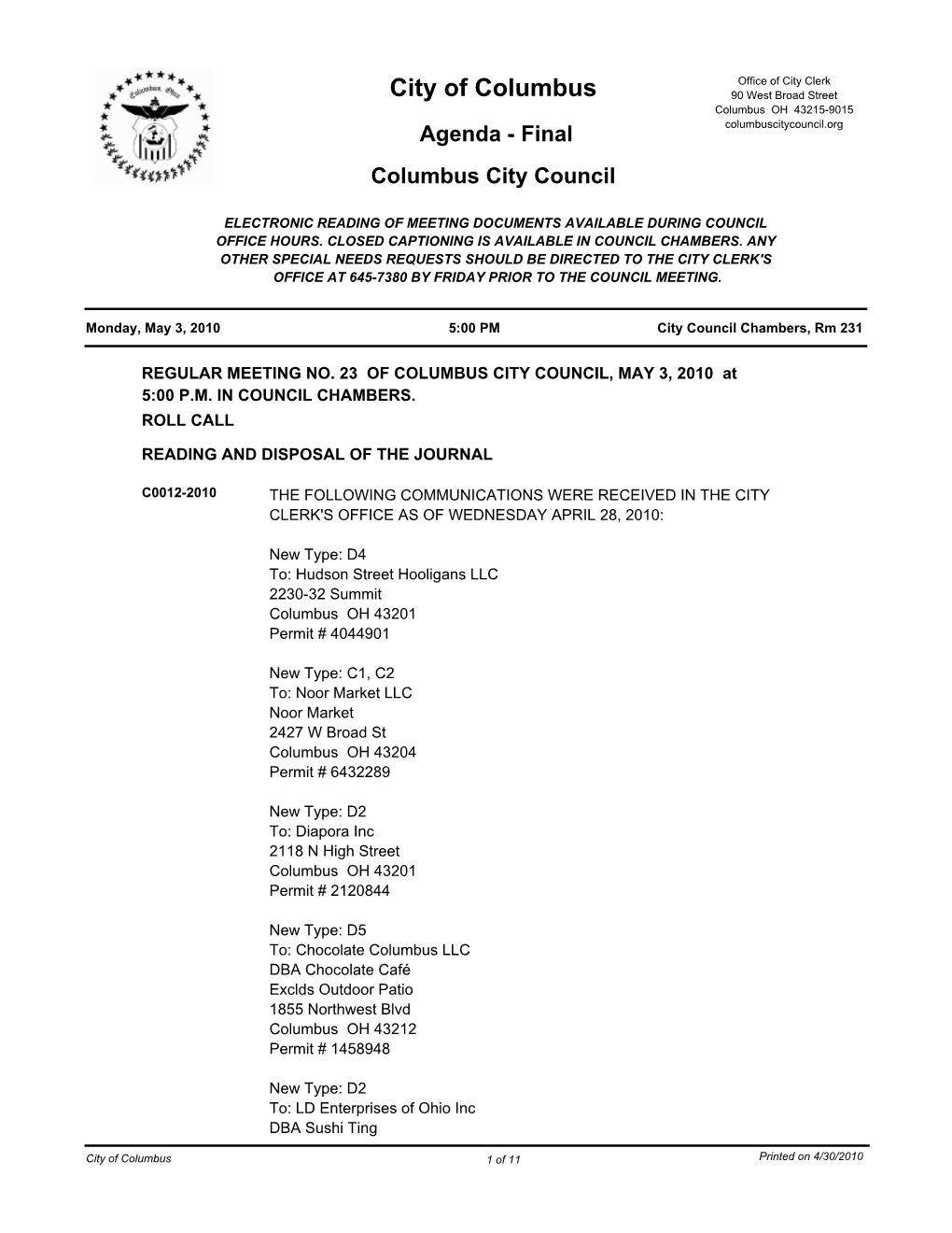 City of Columbus 90 West Broad Street Columbus OH 43215-9015 Agenda - Final Columbuscitycouncil.Org Columbus City Council