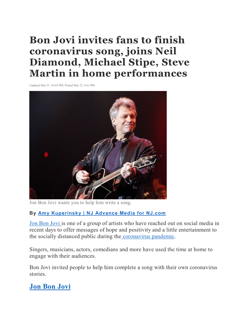 Bon Jovi Invites Fans to Finish Coronavirus Song, Joins Neil Diamond, Michael Stipe, Steve Martin in Home Performances