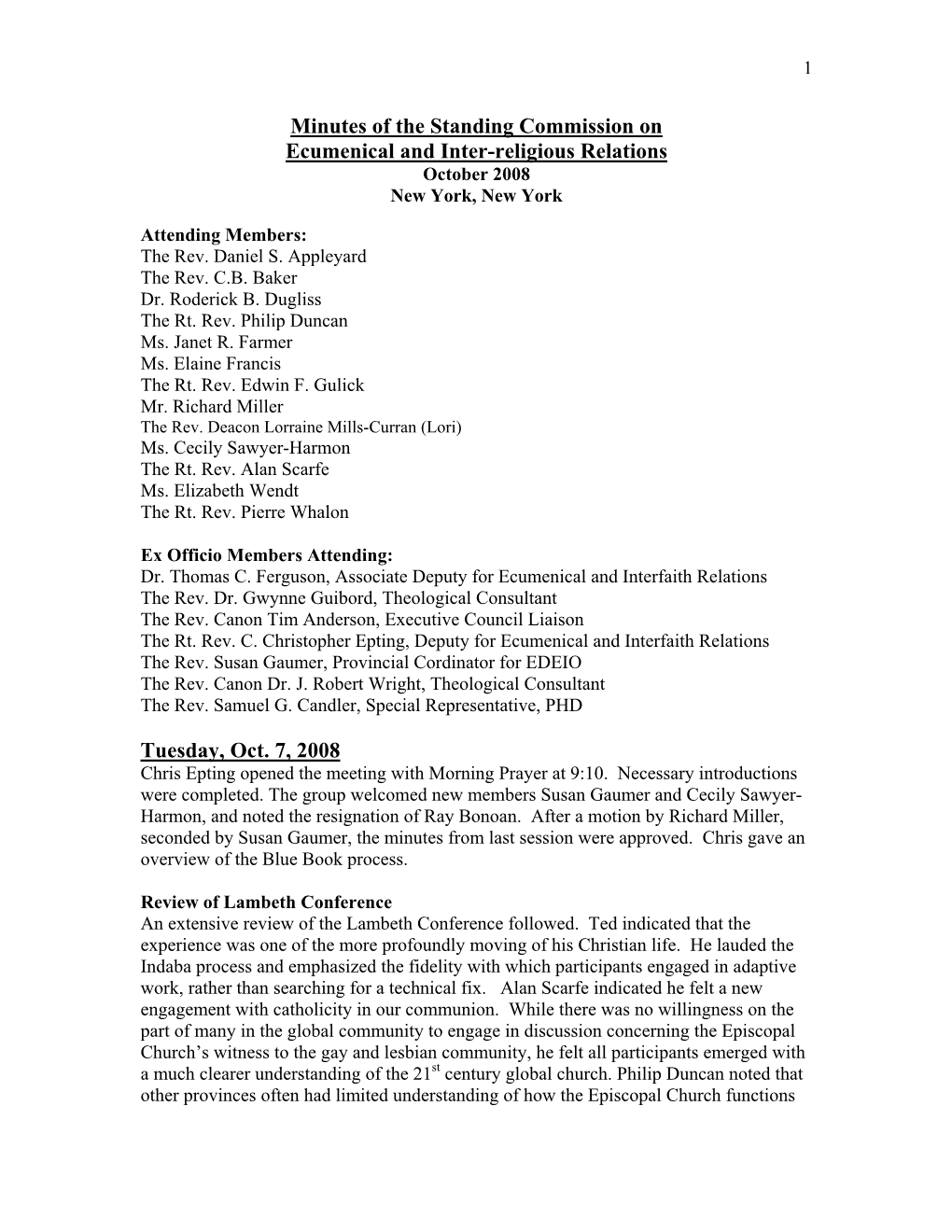 Minutes of the Standing Commission on Ecumenical and Interreligious