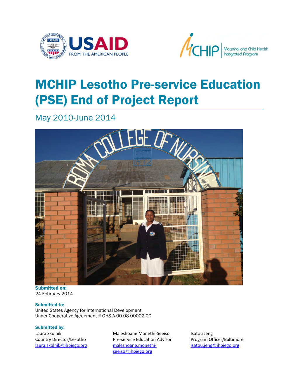 MCHIP Lesotho Pre-Service Education (PSE) End of Project Report May 2010-June 2014