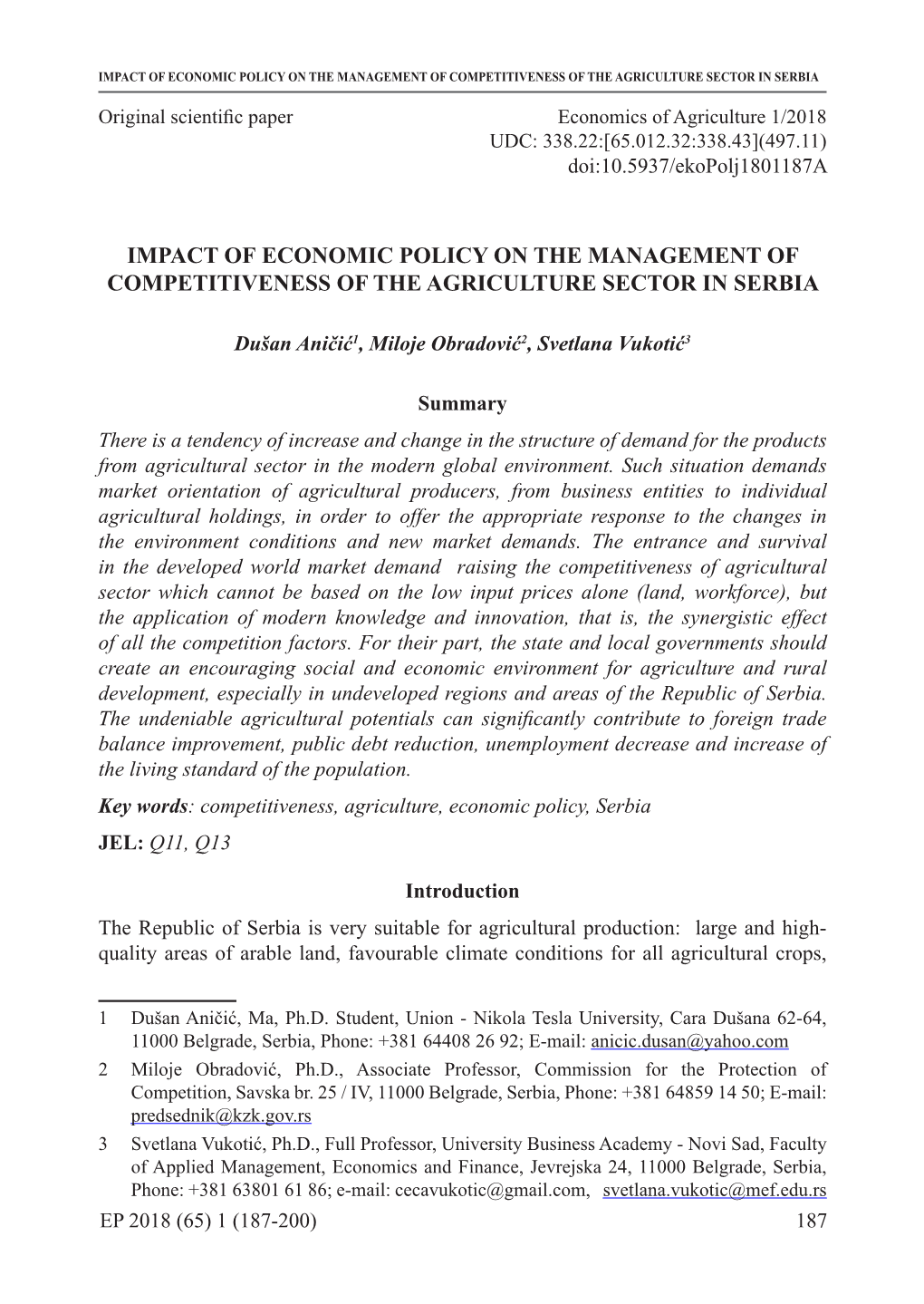 Impact of Economic Policy on the Management of Competitiveness of the Agriculture Sector in Serbia