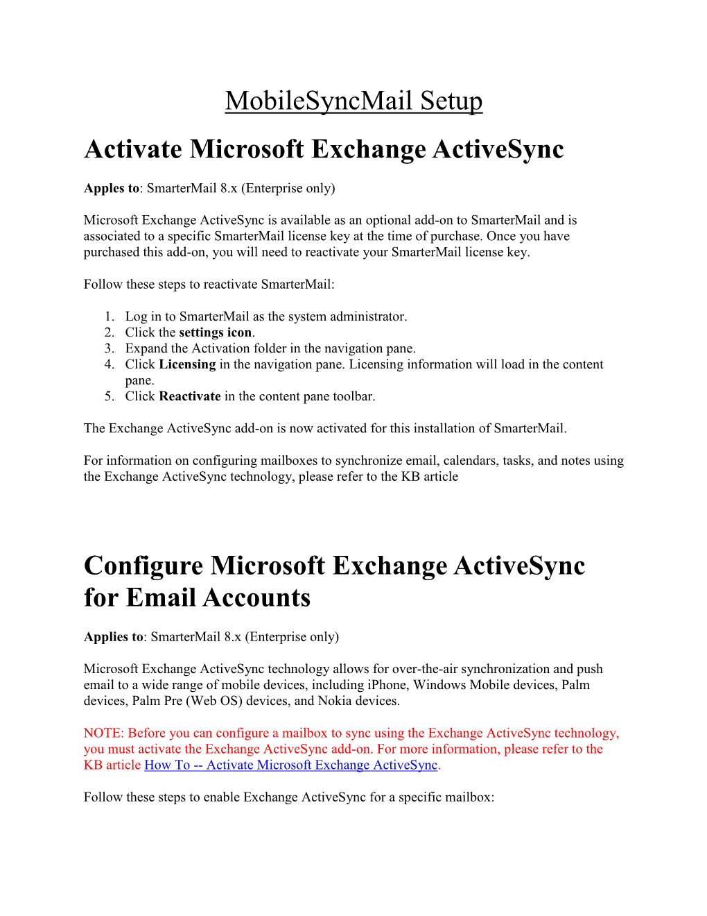 Activate Microsoft Exchange Activesync