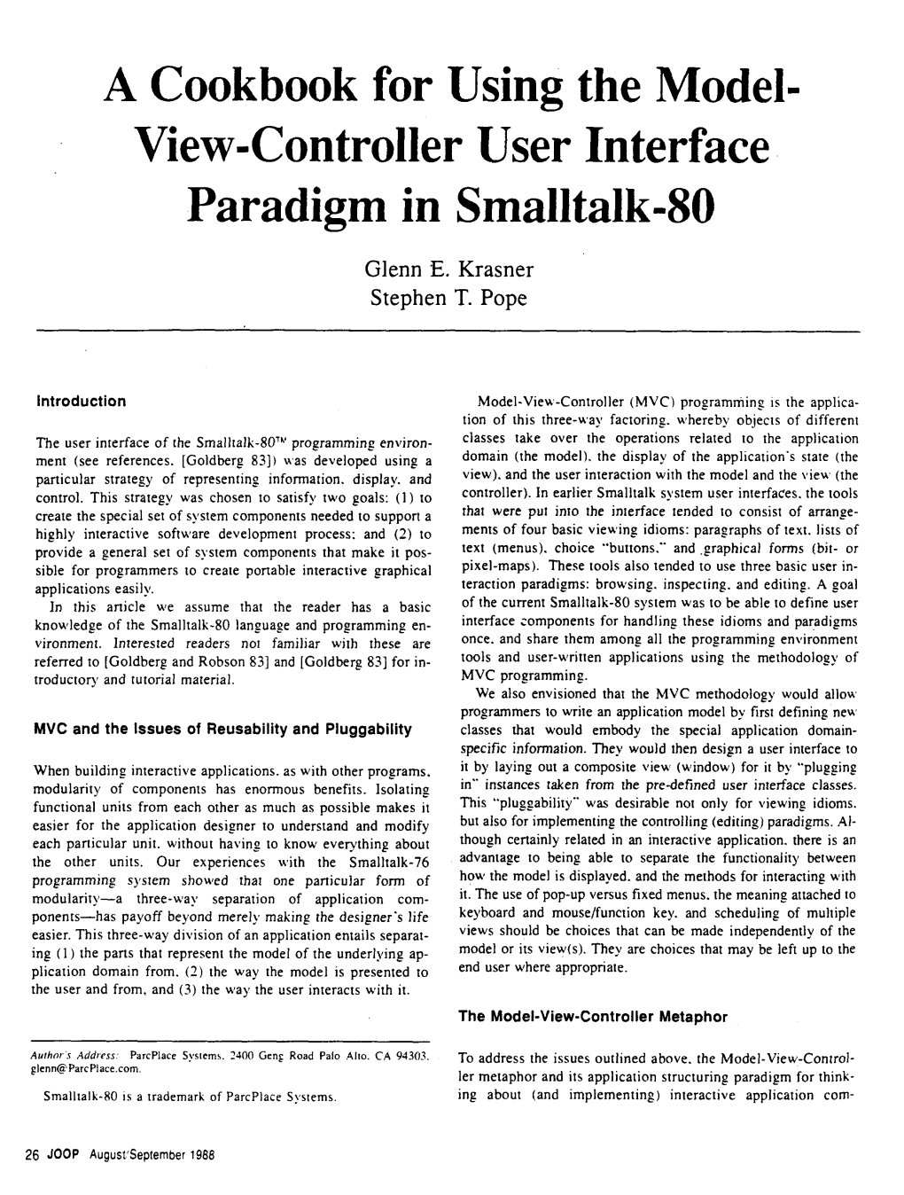 A Cookbook for Using View-Controller User the Model- Interface Paradigm in Smalltalk-80