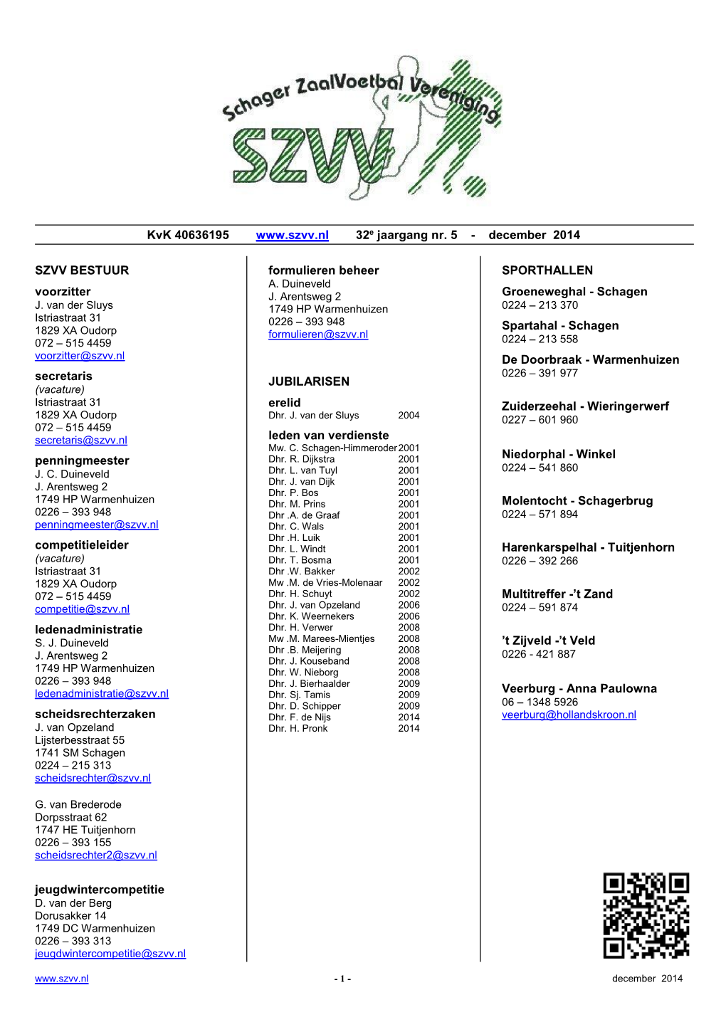 December 2014 SZVV BESTUUR Voorzitter Secretaris