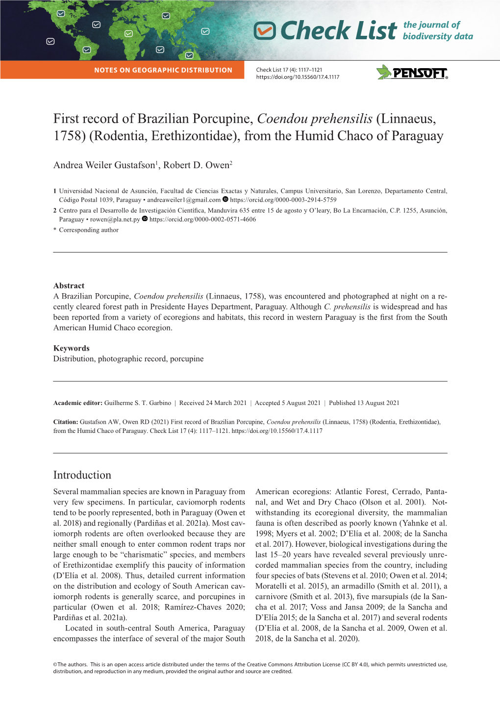 Coendou Prehensilis (Linnaeus, 1758) (Rodentia, Erethizontidae), from the Humid Chaco of Paraguay