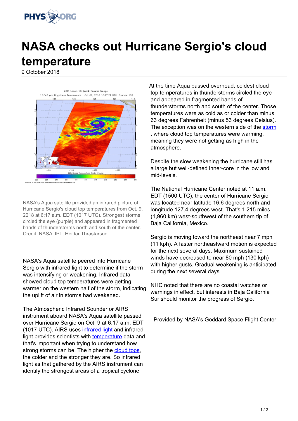 NASA Checks out Hurricane Sergio's Cloud Temperature 9 October 2018