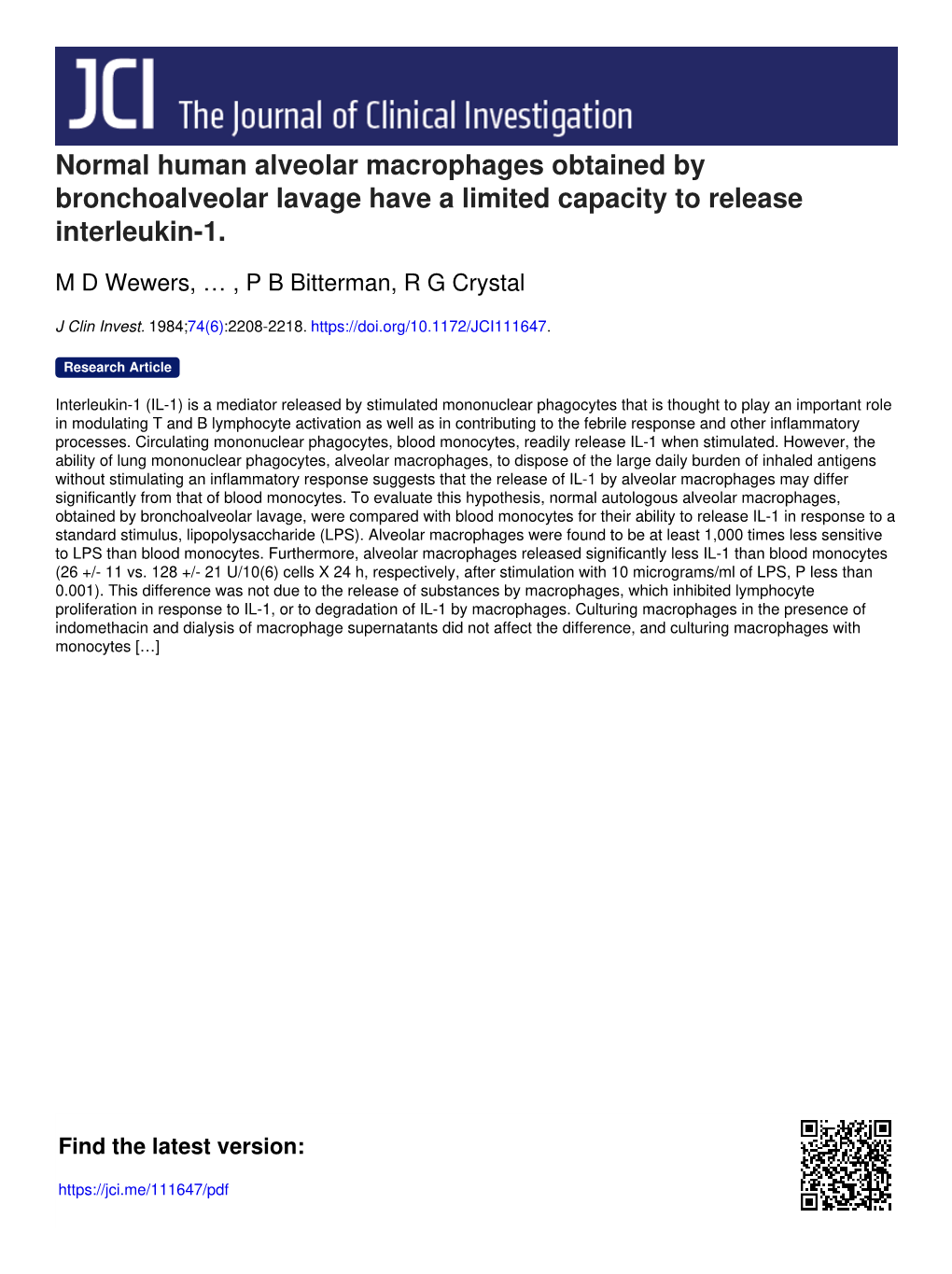 Normal Human Alveolar Macrophages Obtained by Bronchoalveolar Lavage Have a Limited Capacity to Release Interleukin-1