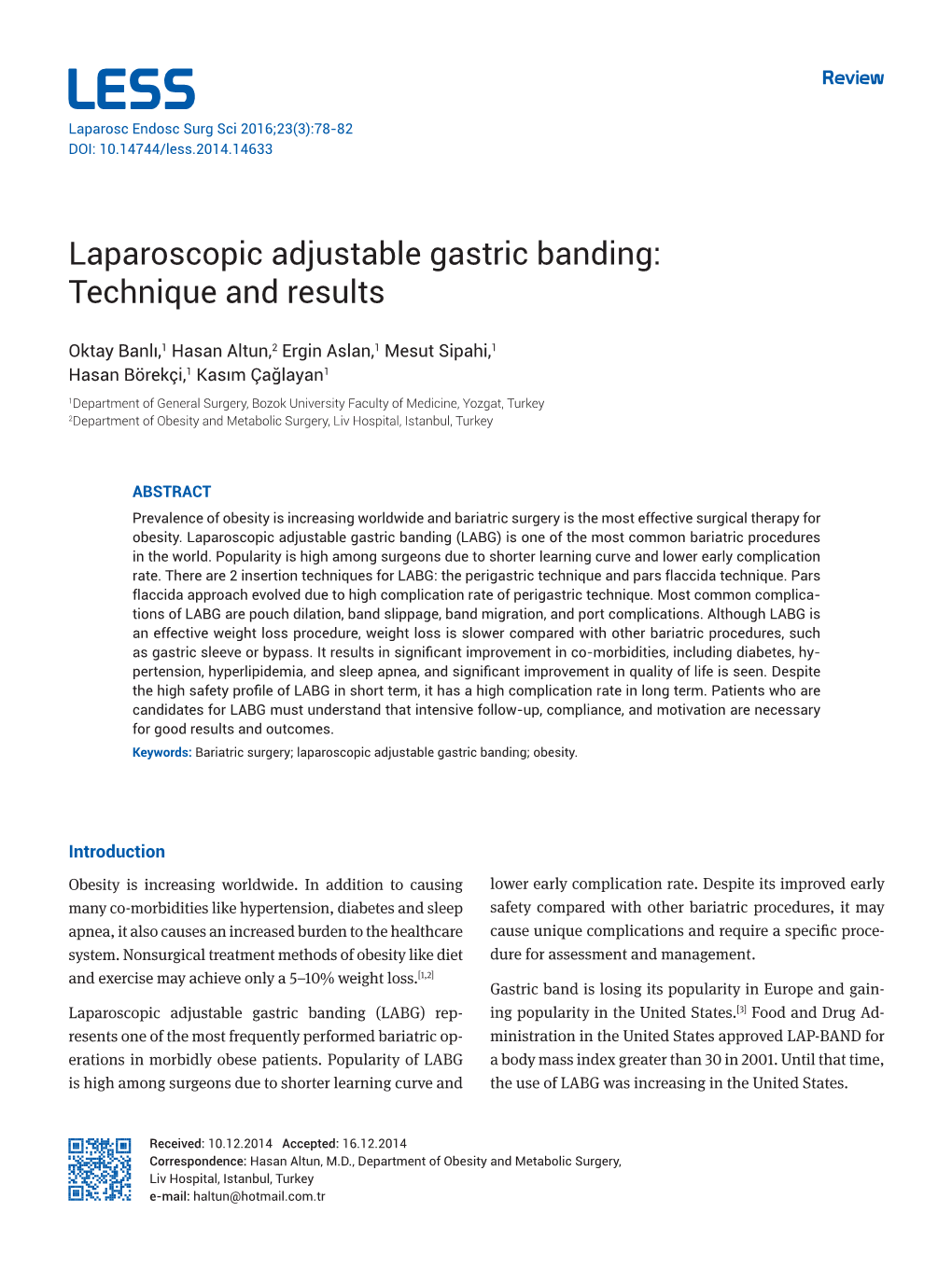 Laparoscopic Adjustable Gastric Banding: Technique and Results