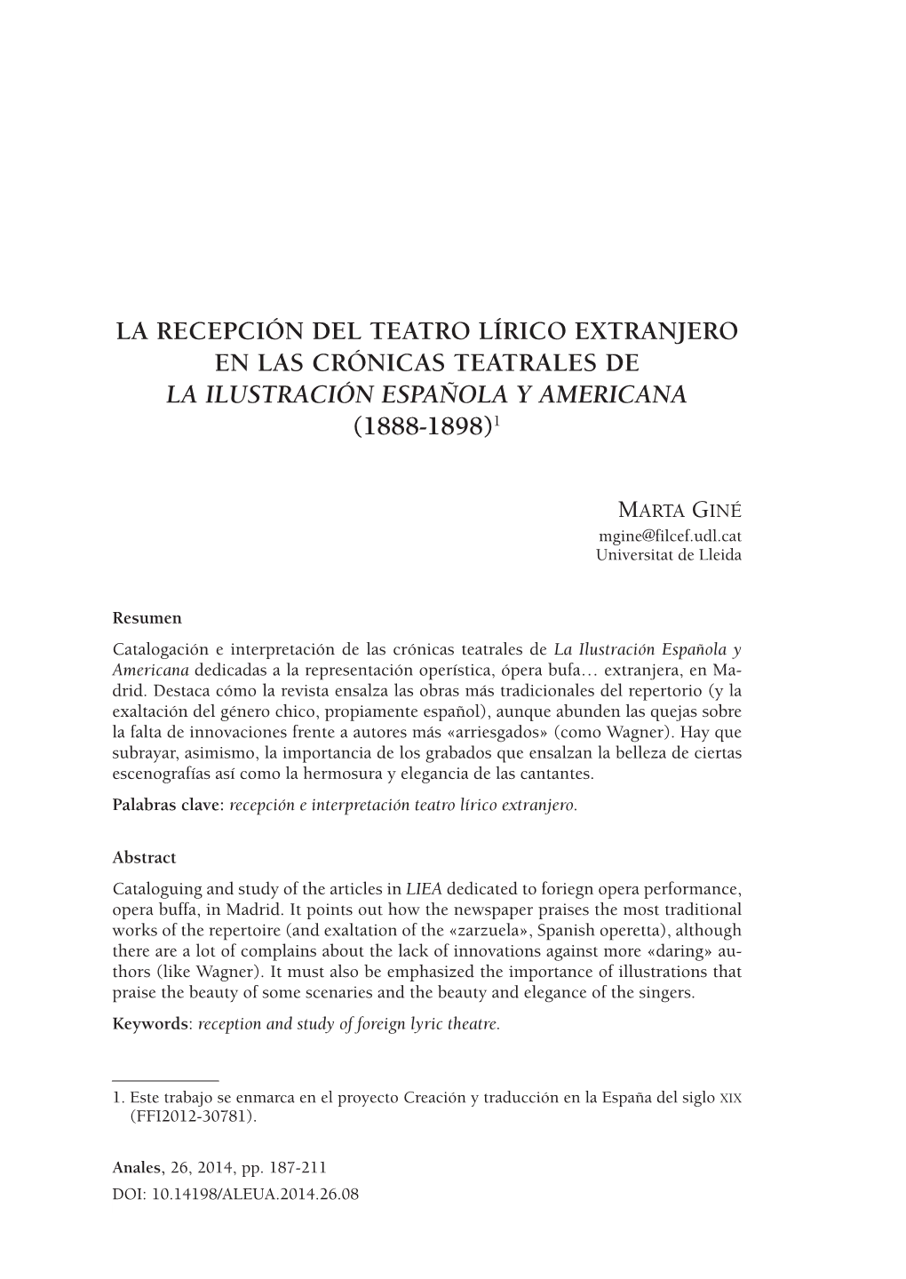 Pdf La Recepción Del Teatro Lírico Extranjero En Las Crónicas Teatrales