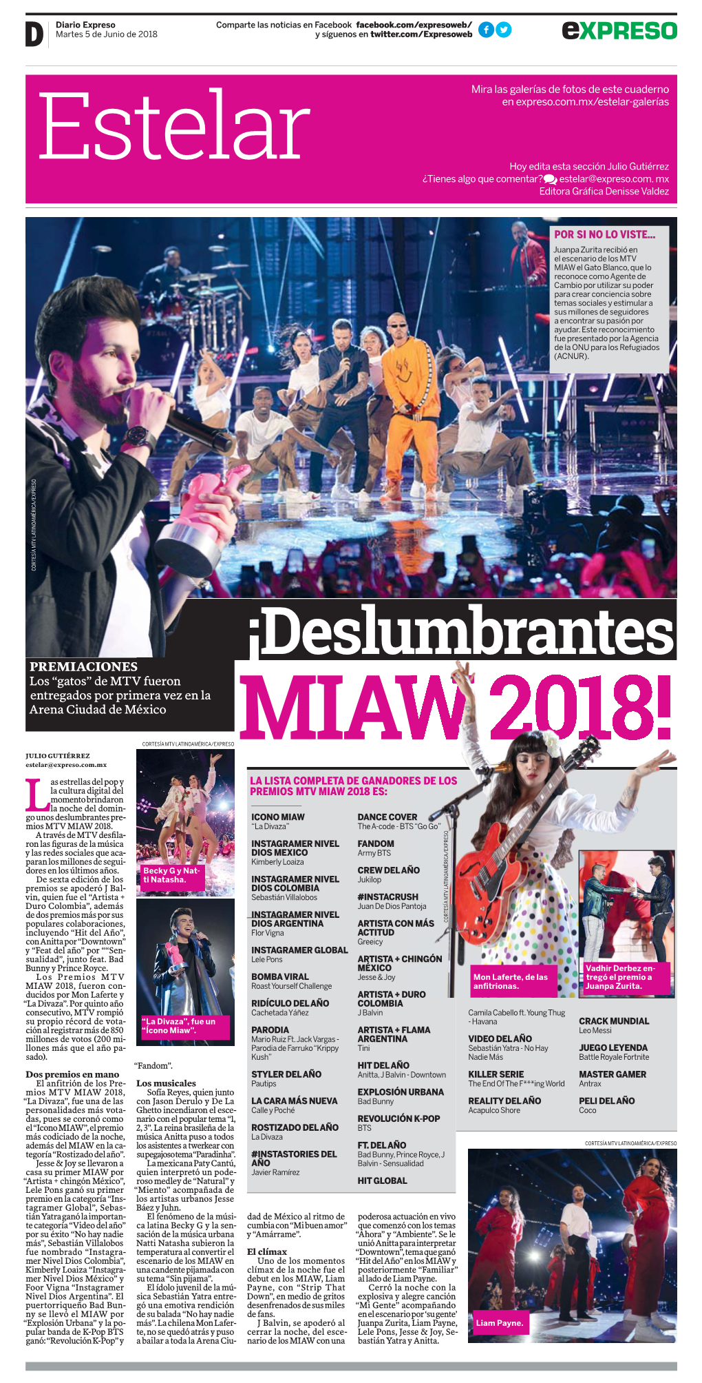 De MTV Fueron Entregados Por Primera Vez En La Arena Ciudad De México MIAW 2018! CORTESÍA MTV LATINOAMÉRICA/EXPRESO JULIO GUTIÉRREZ Estelar@Expreso.Com.Mx