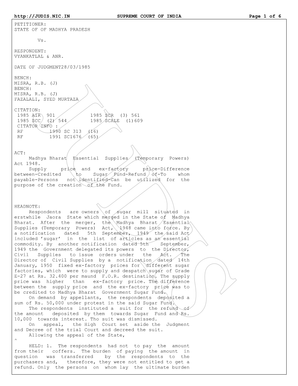 SUPREME COURT of INDIA Page 1 of 6 PETITIONER: STATE of of MADHYA PRADESH