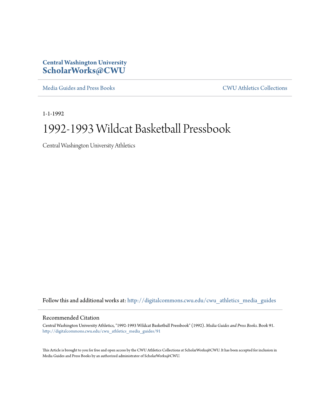 1992-1993 Wildcat Basketball Pressbook Central Washington University Athletics