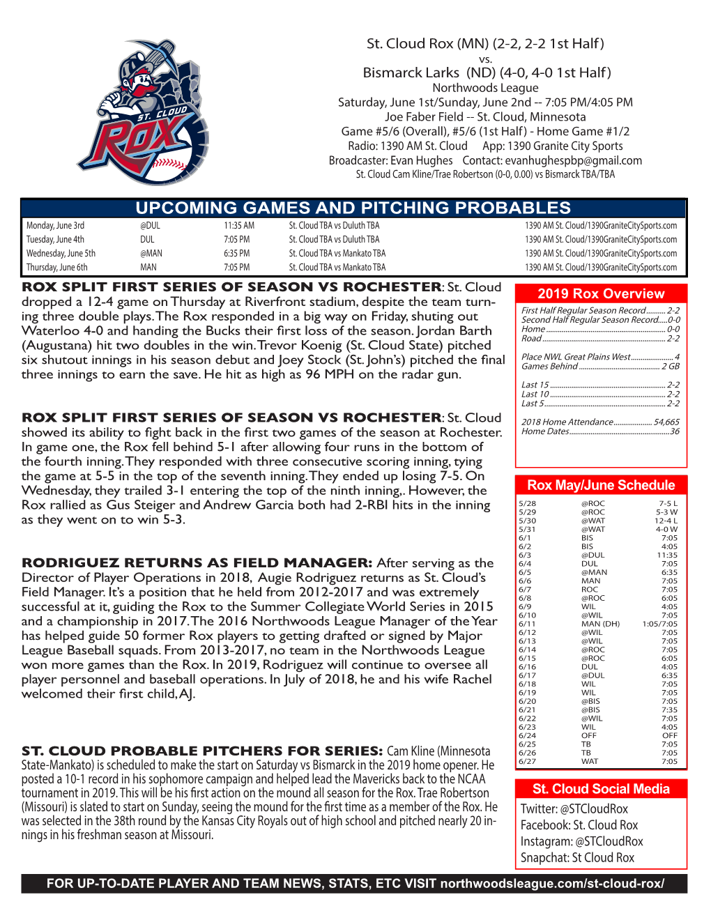 UPCOMING GAMES and PITCHING PROBABLES Monday, June 3Rd @DUL 11:35 AM St