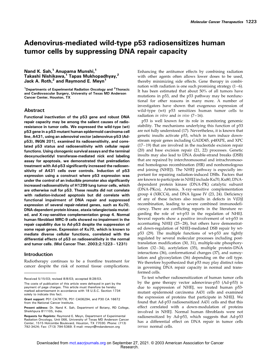 Adenovirus-Mediated Wild-Type P53 Radiosensitizes Human Tumor Cells by Suppressing DNA Repair Capacity