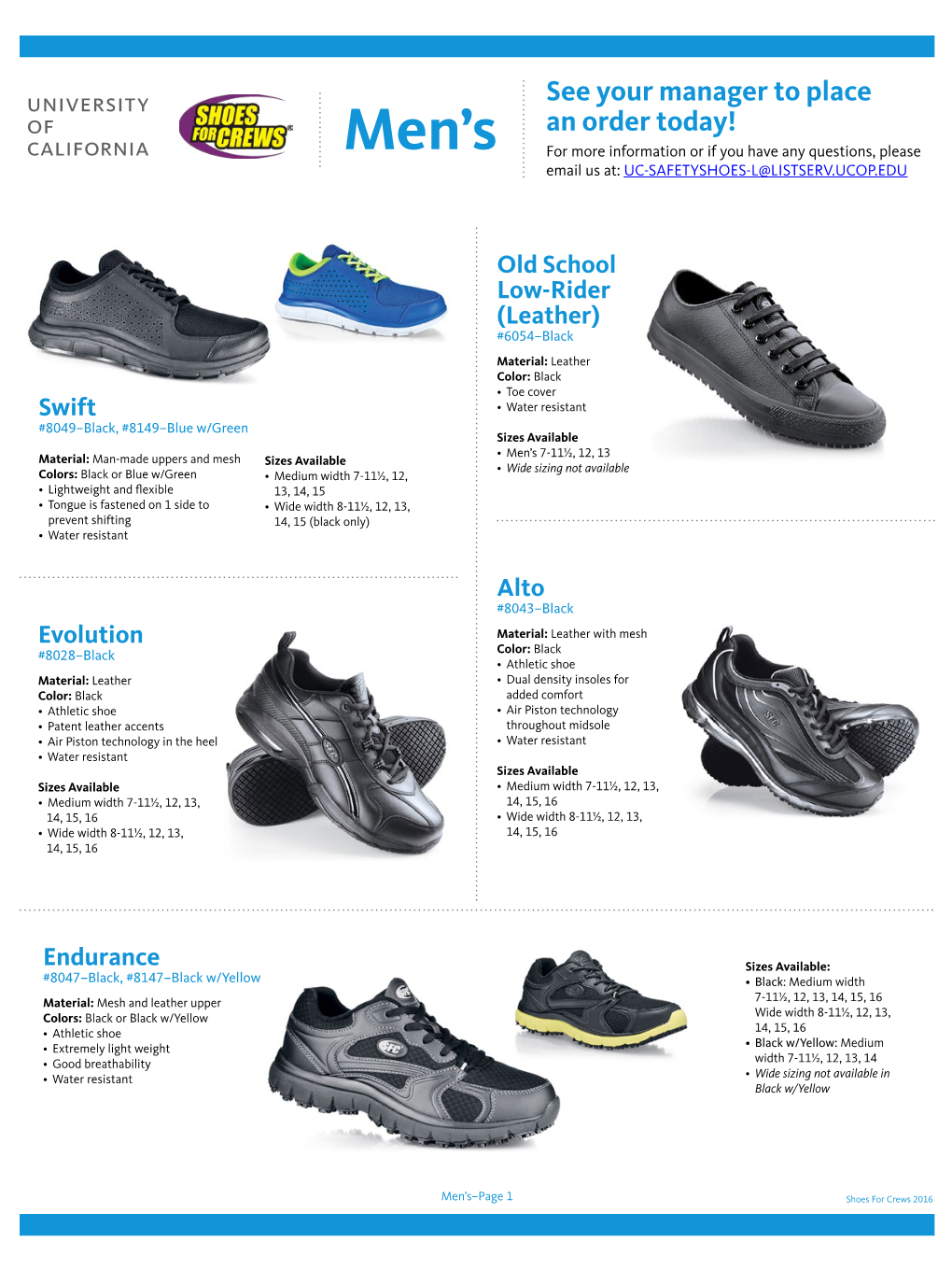 See Your Manager to Place an Order Today! Men’S for More Information Or If You Have Any Questions, Please Email Us At: UC-SAFETYSHOES-L@LISTSERV.UCOP.EDU