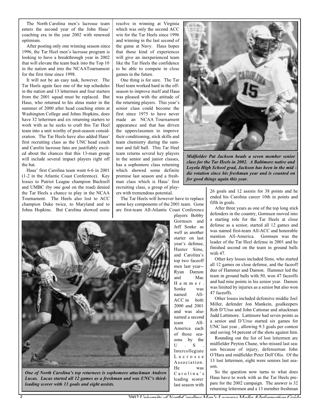 3 2002 University of Northcarolina Men's Lacrosse Media &Information