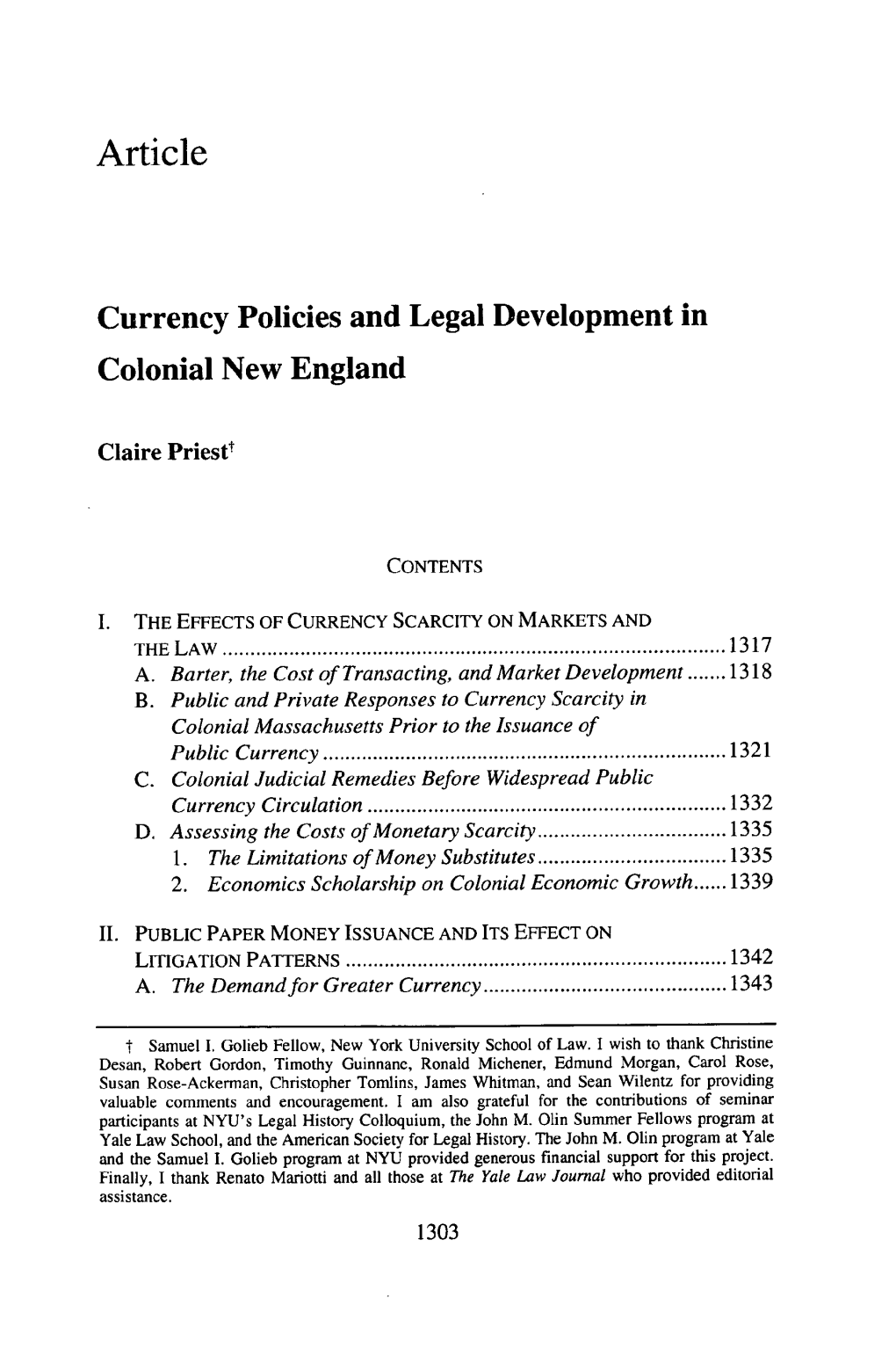 Currency Policies and Legal Development in Colonial New England