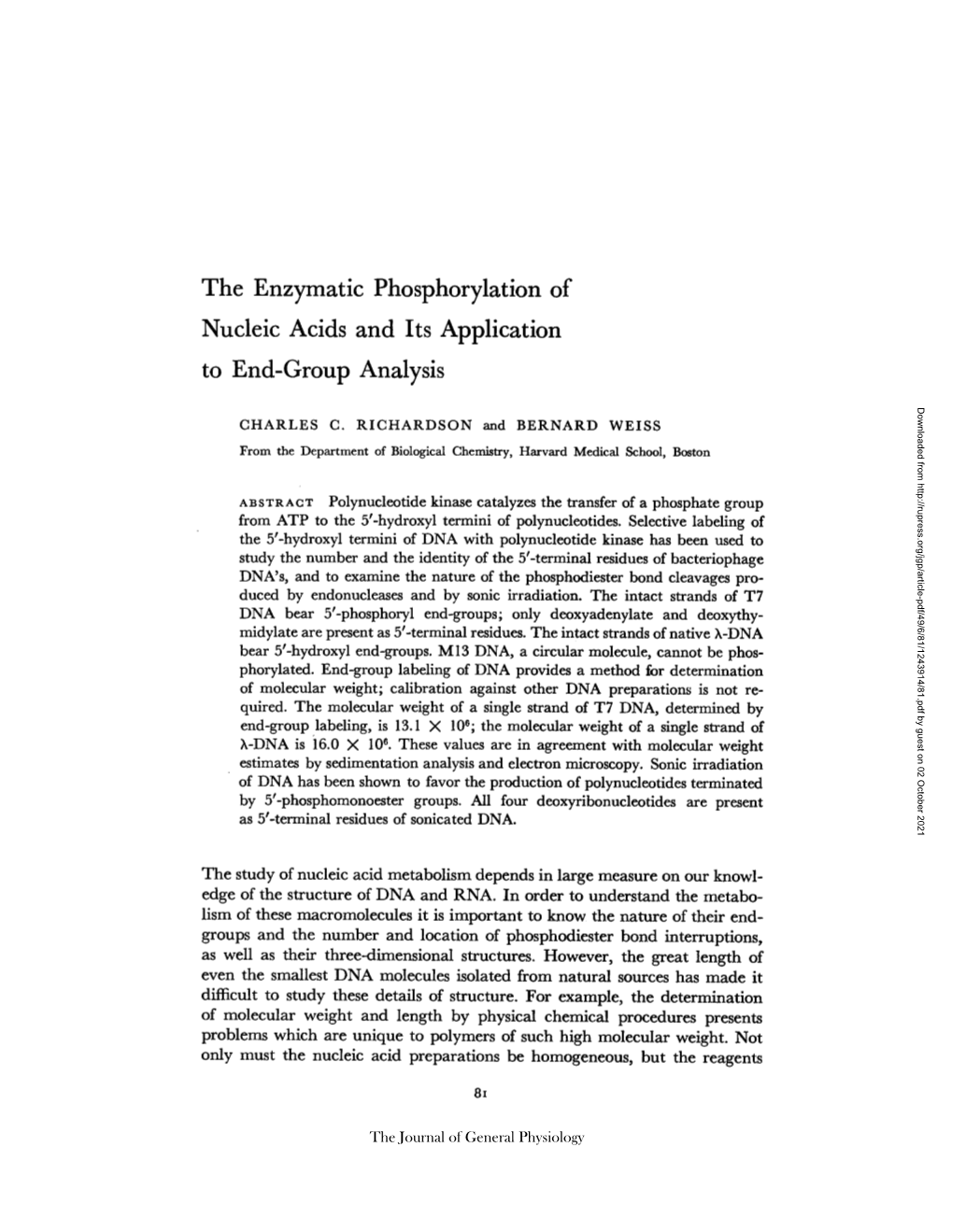 The Enzymatic Phosphorylation of Nucleic Acids and Its Application To