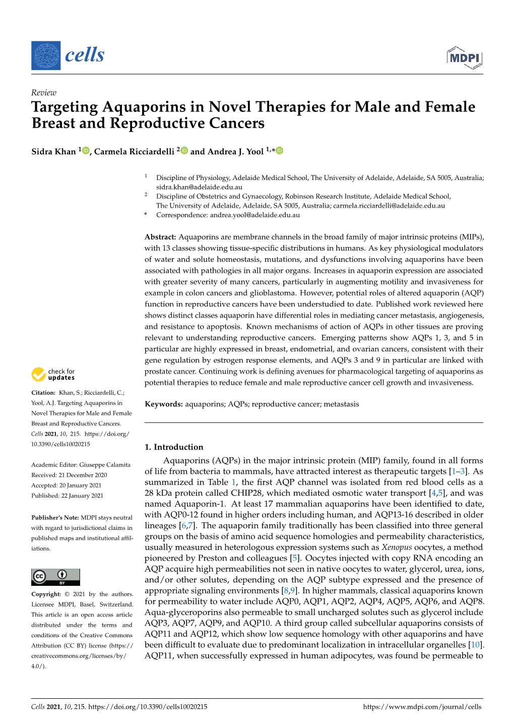 Targeting Aquaporins in Novel Therapies for Male and Female Breast and Reproductive Cancers