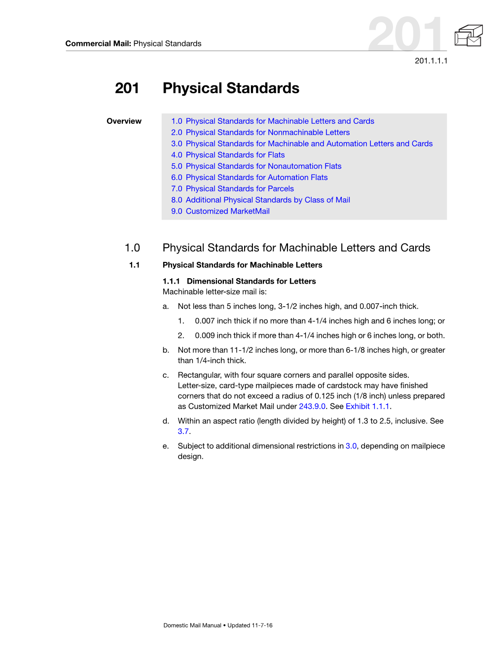 DMM 201 Physical Standards for Commercial Letters, Flats