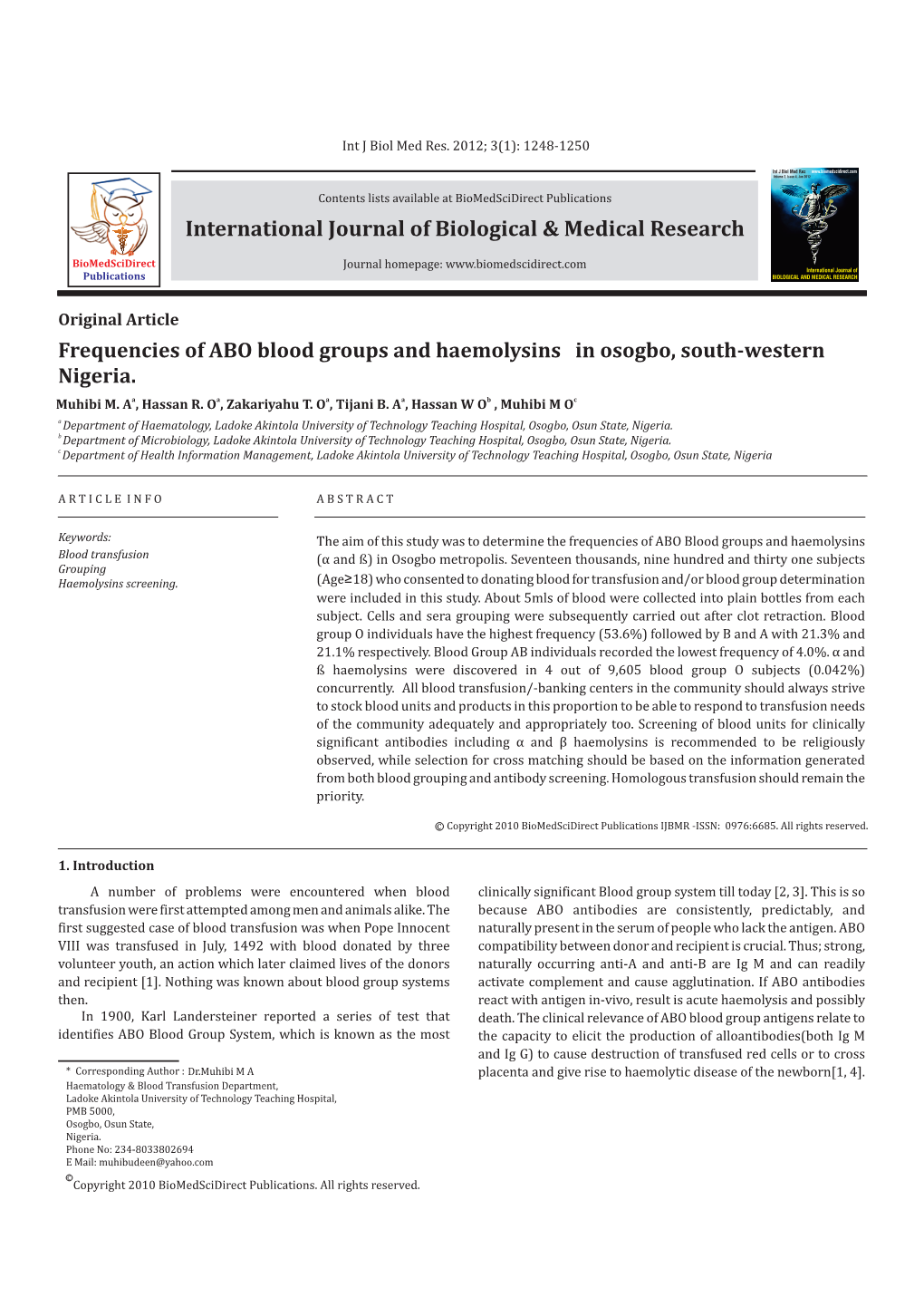 Frequencies of ABO Blood Groups and Haemolysins in Osogbo, South-Western Nigeria