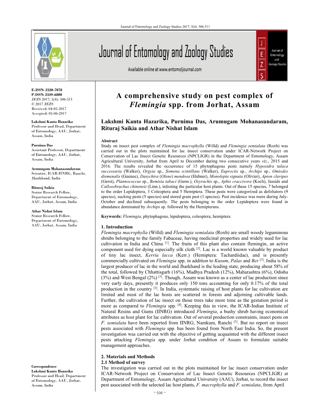 A Comprehensive Study on Pest Complex of Flemingia Spp. from Jorhat, Assam