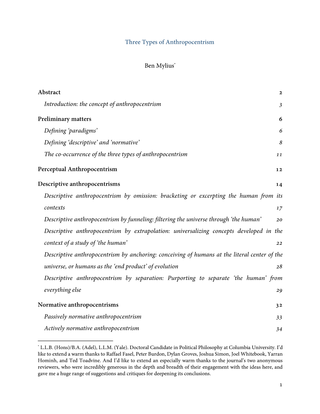 1 Three Types of Anthropocentrism Ben Mylius* Abstract 2 Introduction