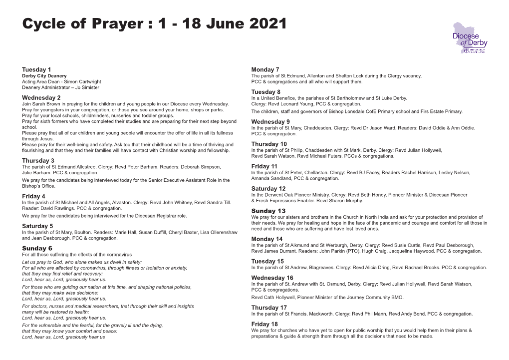 Cycle of Prayer : 1 - 18 June 2021