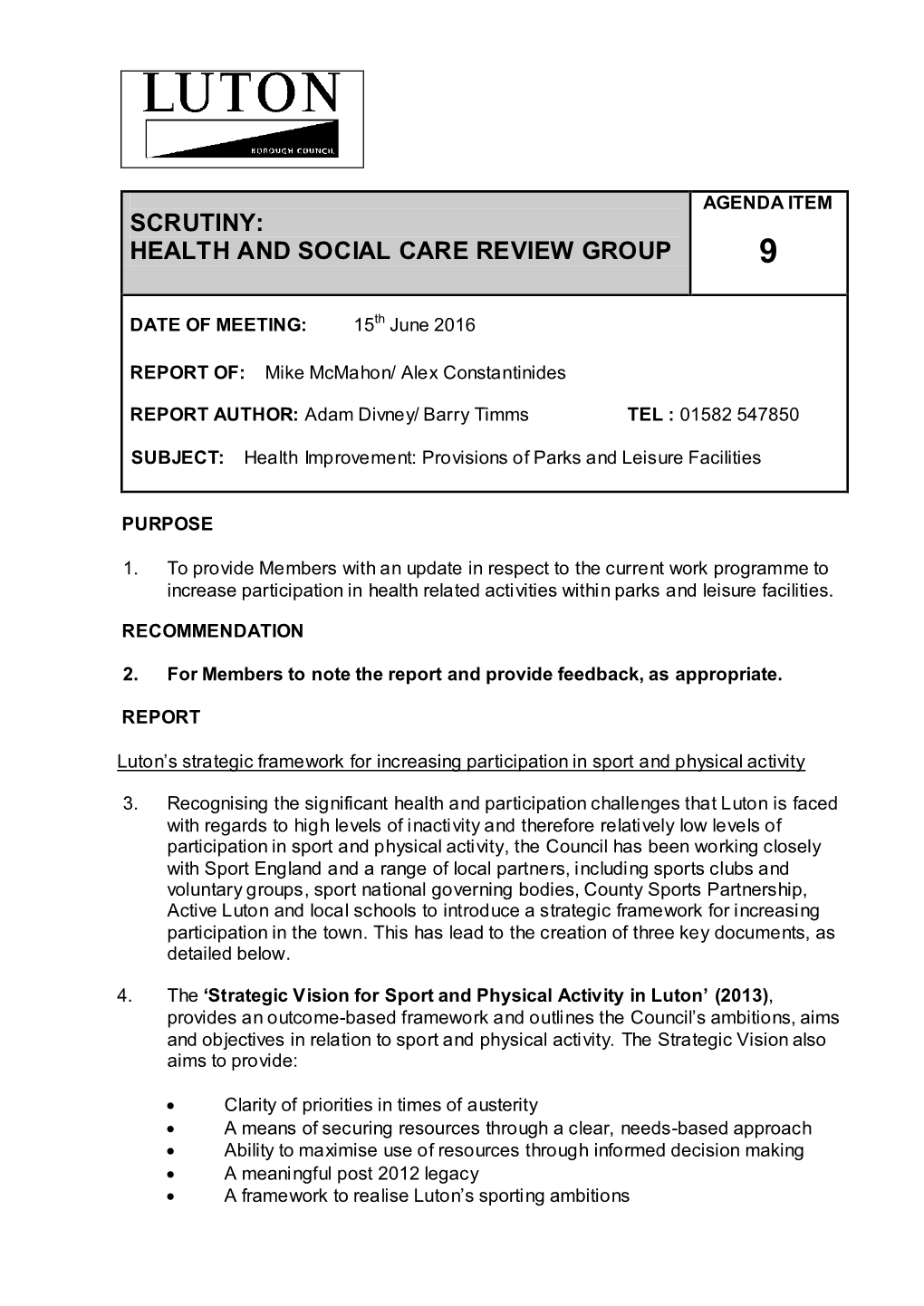 Health Improvement Provisions of Parks and Leisure Facilities