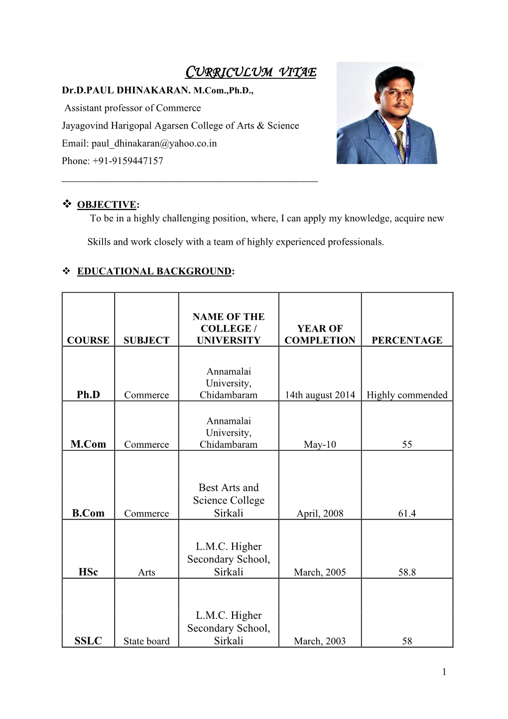 CURRICULUM VITAE Dr.D.PAUL DHINAKARAN