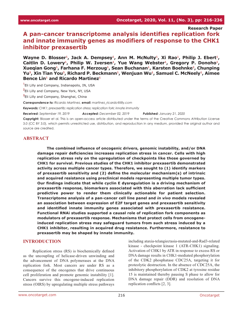 A Pan-Cancer Transcriptome Analysis Identifies Replication Fork and Innate Immunity Genes As Modifiers of Response to the CHK1 Inhibitor Prexasertib