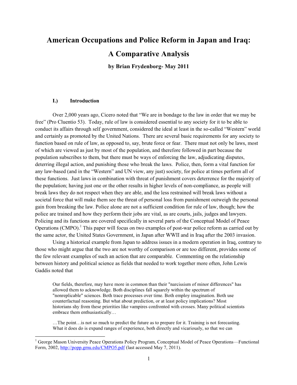 American Occupations and Police Reform in Japan and Iraq: a Comparative Analysis by Brian Frydenborg- May 2011