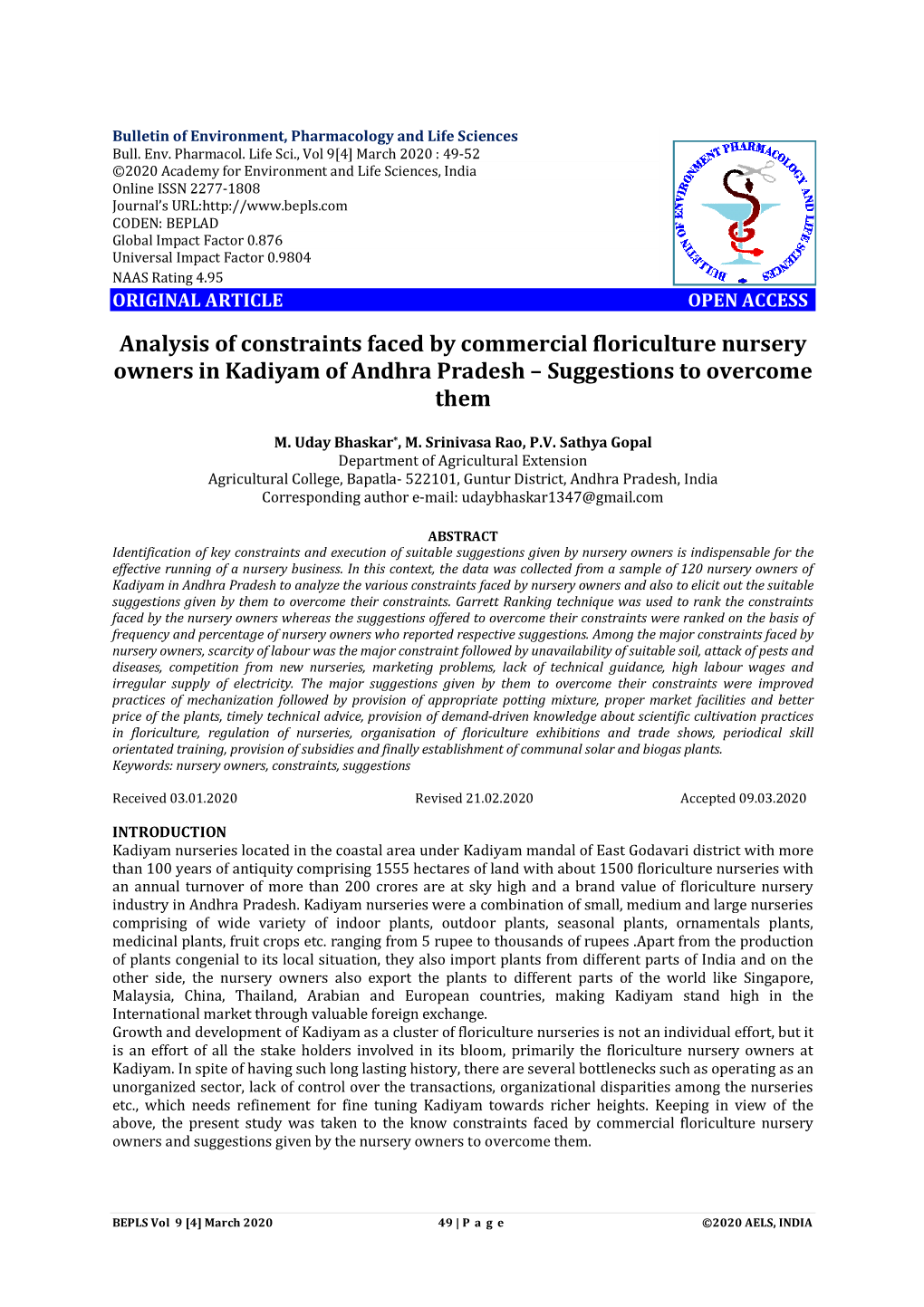 Analysis of Constraints Faced by Commercial Floriculture Nursery Owners in Kadiyam of Andhra Pradesh – Suggestions to Overcome Them