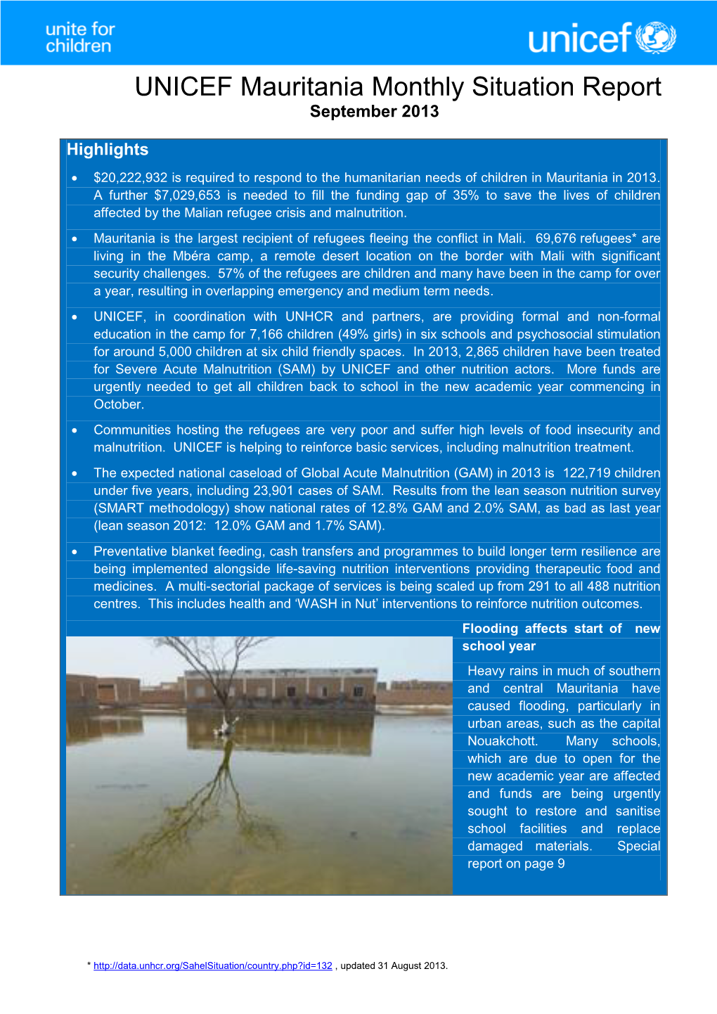 UNICEF Mauritania Monthly Situation Report September 2013