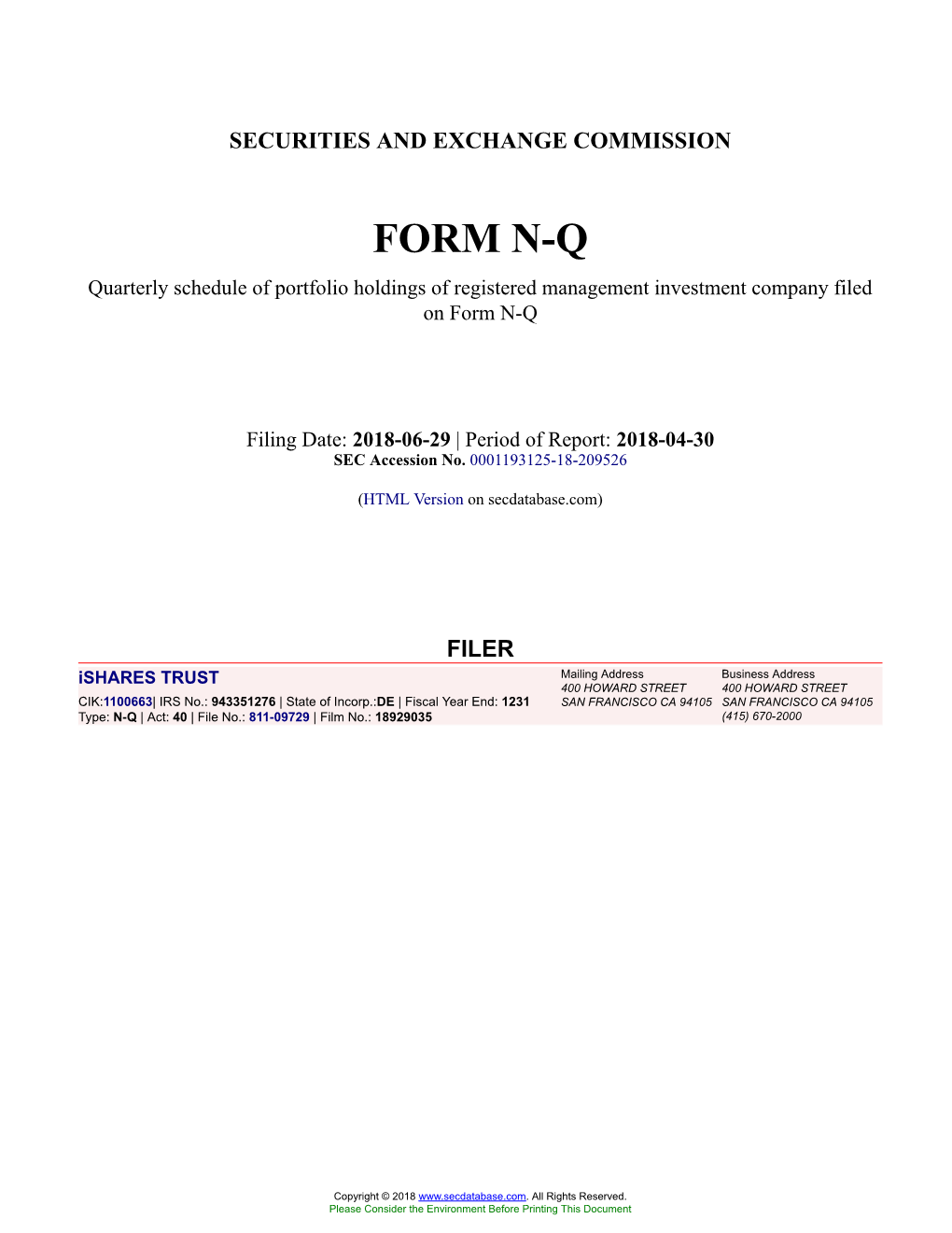 Ishares TRUST Form N-Q Filed 2018-06-29