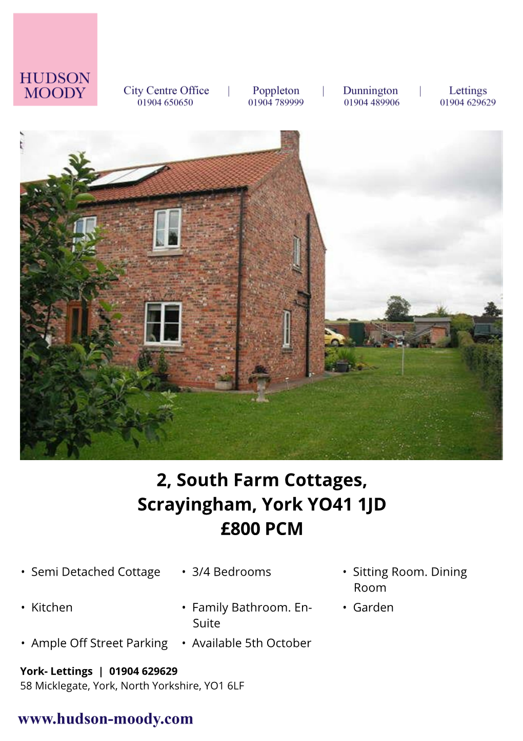 2, South Farm Cottages, Scrayingham, York YO41 1JD £800 PCM