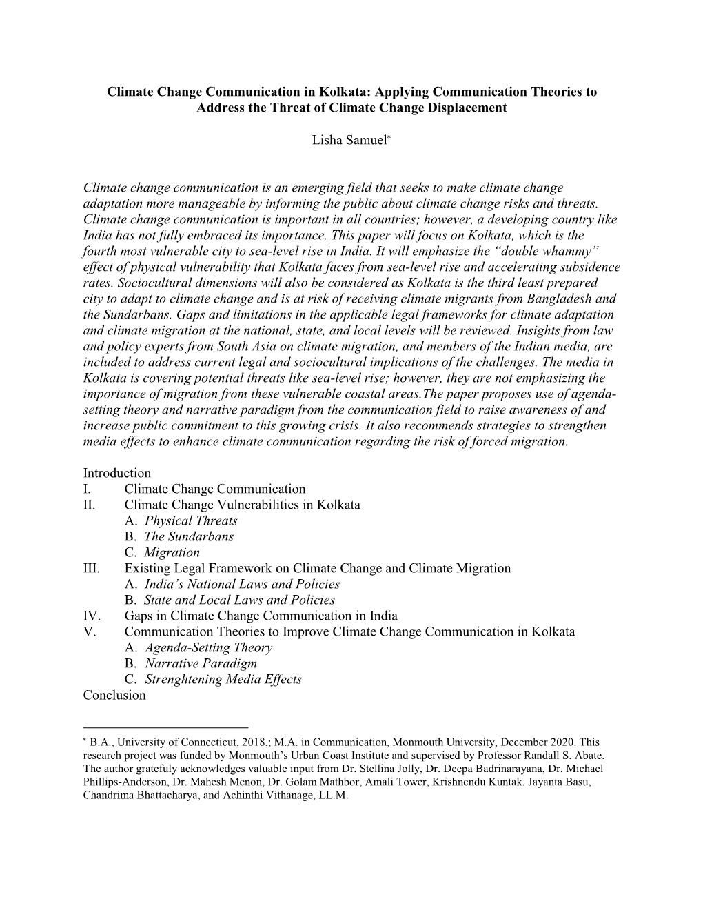 Climate Change Communication in Kolkata: Applying Communication Theories to Address the Threat of Climate Change Displacement