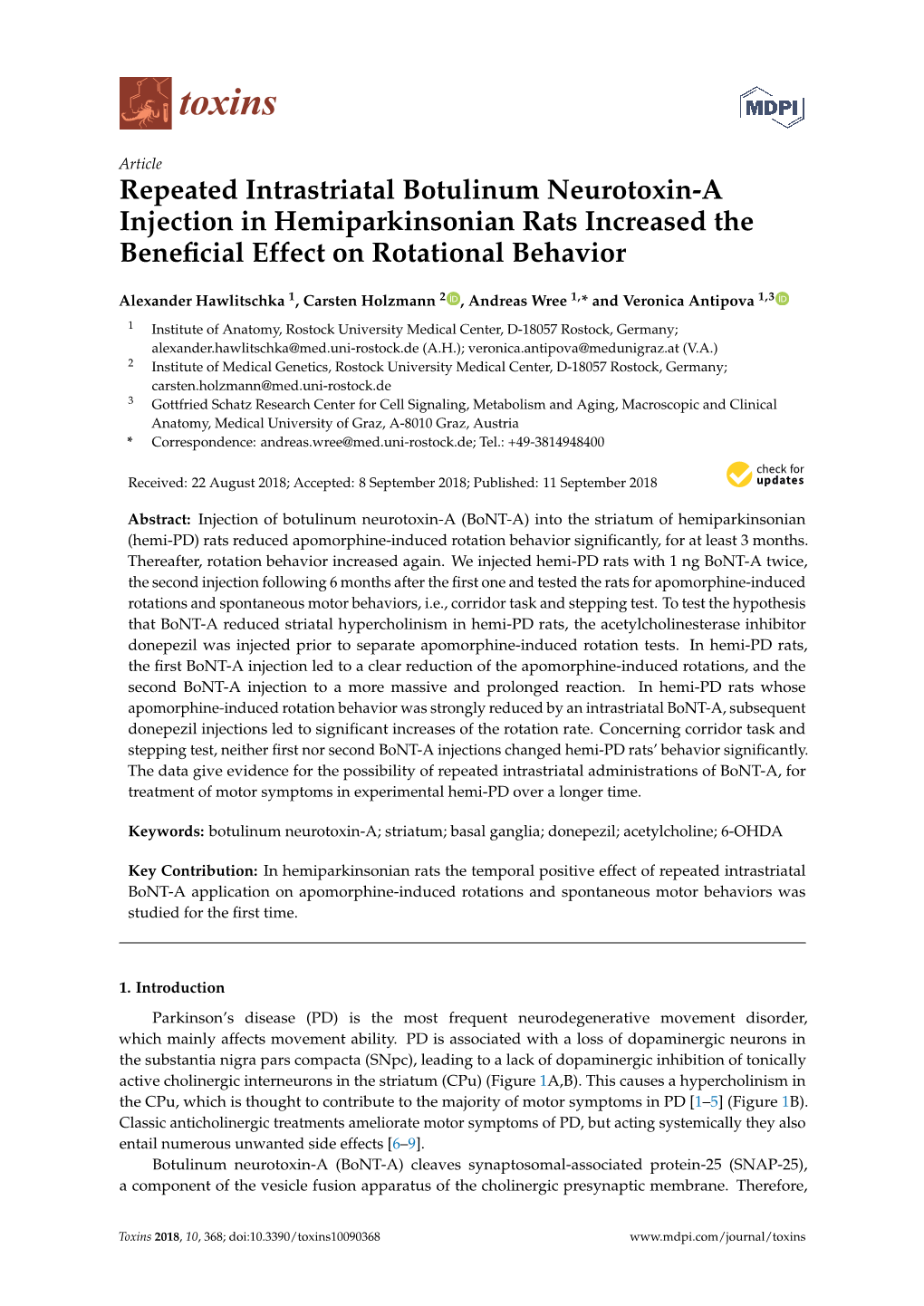 Repeated Intrastriatal Botulinum Neurotoxin-A Injection in Hemiparkinsonian Rats Increased the Beneﬁcial Effect on Rotational Behavior