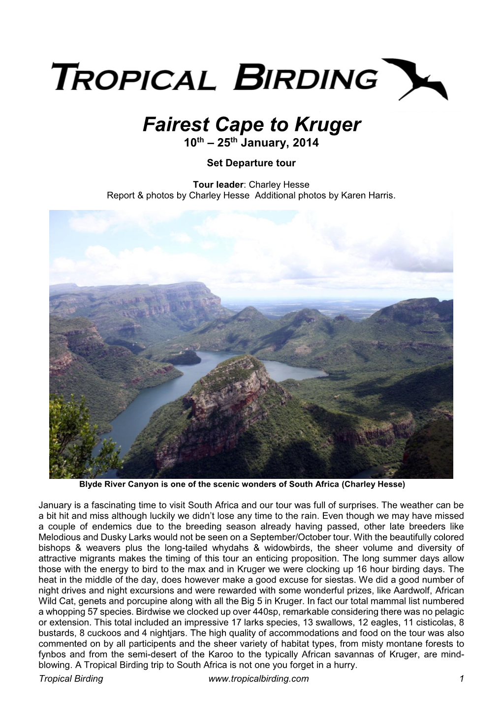 Fairest Cape to Kruger 10Th – 25Th January, 2014