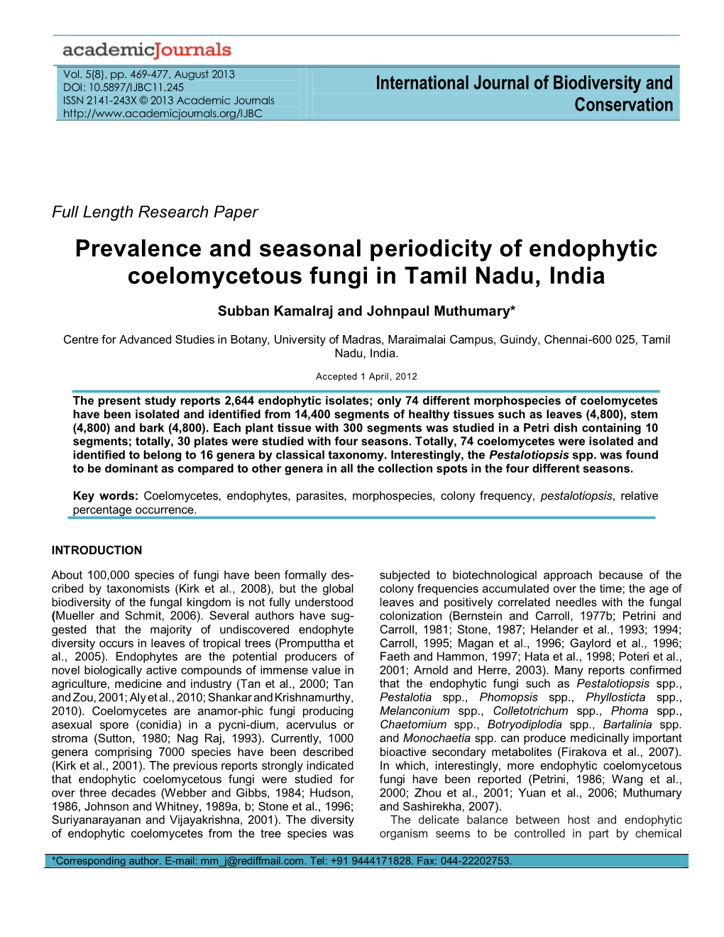 Prevalence and Seasonal Periodicity of Endophytic Coelomycetous Fungi in Tamil Nadu, India