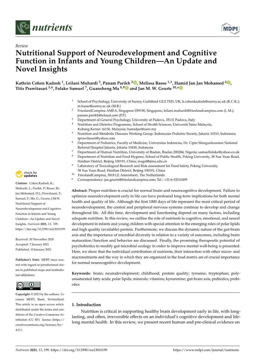 Nutritional Support of Neurodevelopment and Cognitive Function in Infants and Young Children—An Update and Novel Insights