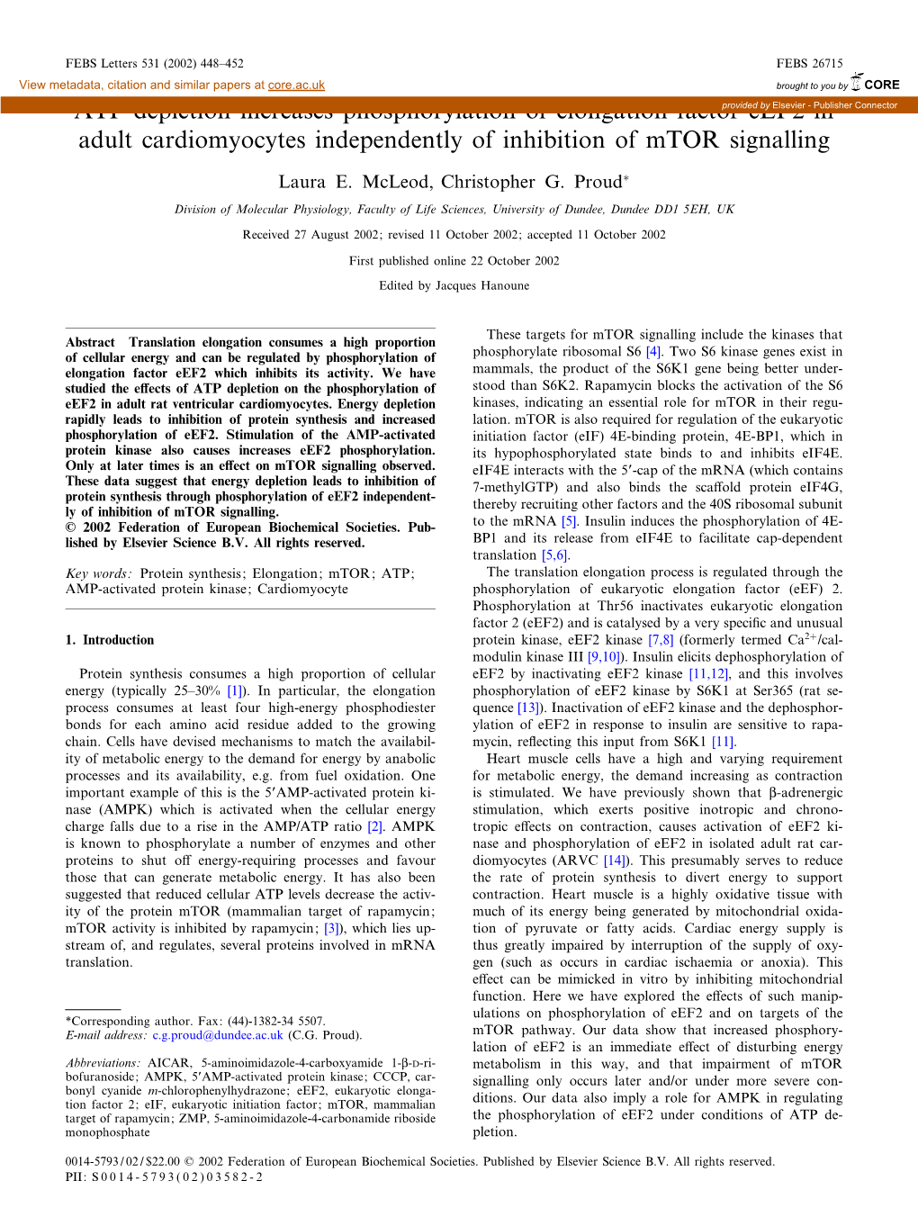 ATP Depletion Increases Phosphorylation of Elongation Factor