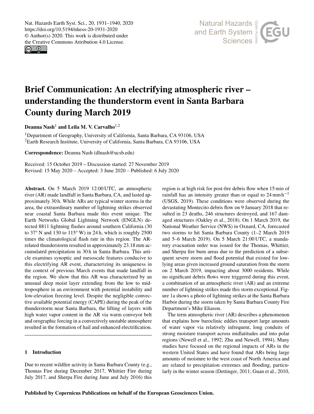 Brief Communication: an Electrifying Atmospheric River – Understanding the Thunderstorm Event in Santa Barbara County During March 2019