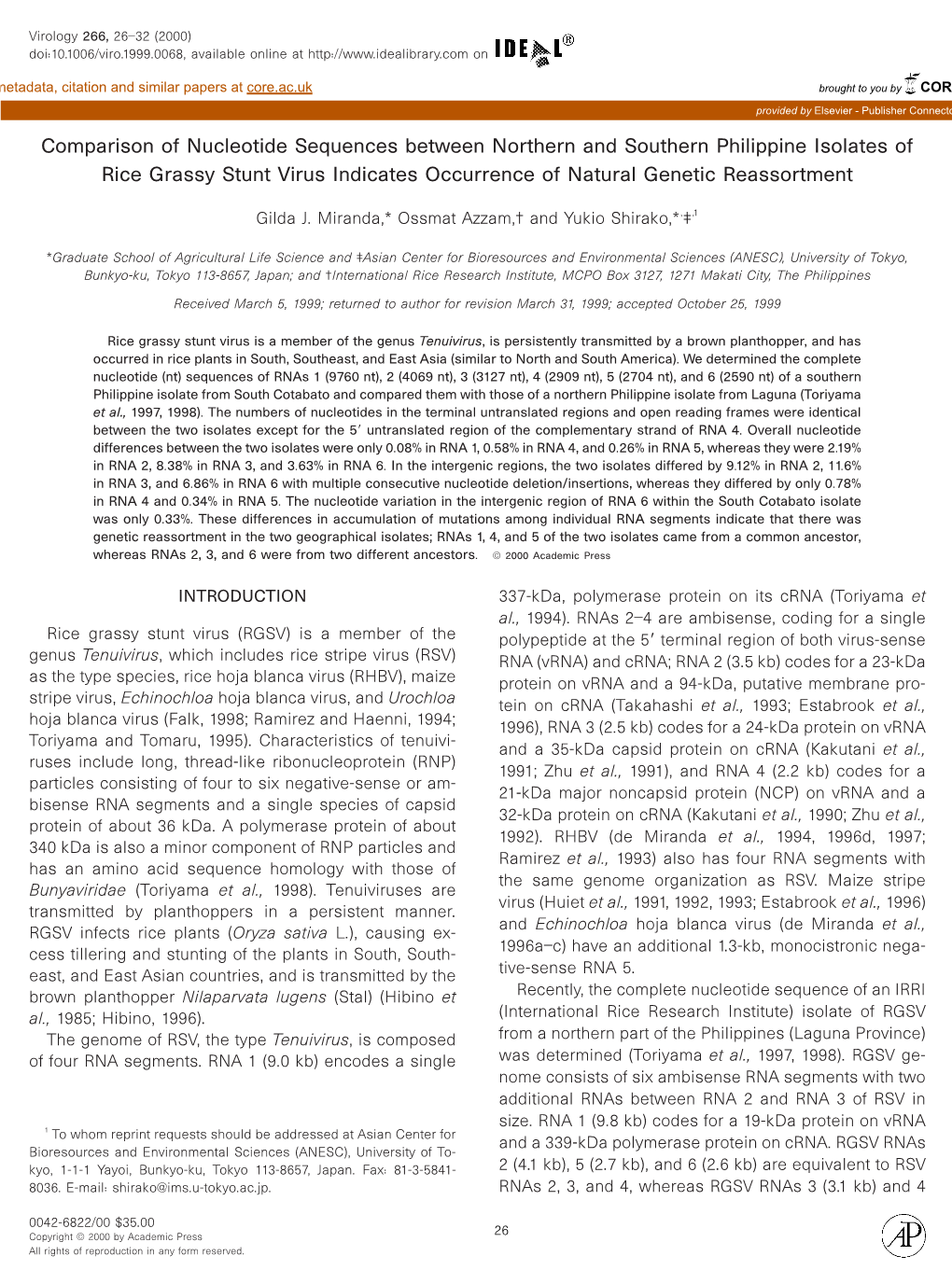 Comparison of Nucleotide Sequences Between Northern and Southern Philippine Isolates of Rice Grassy Stunt Virus Indicates Occurrence of Natural Genetic Reassortment