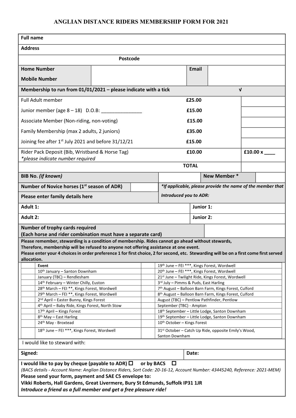 Anglian Distance Riders Membership Form 2005