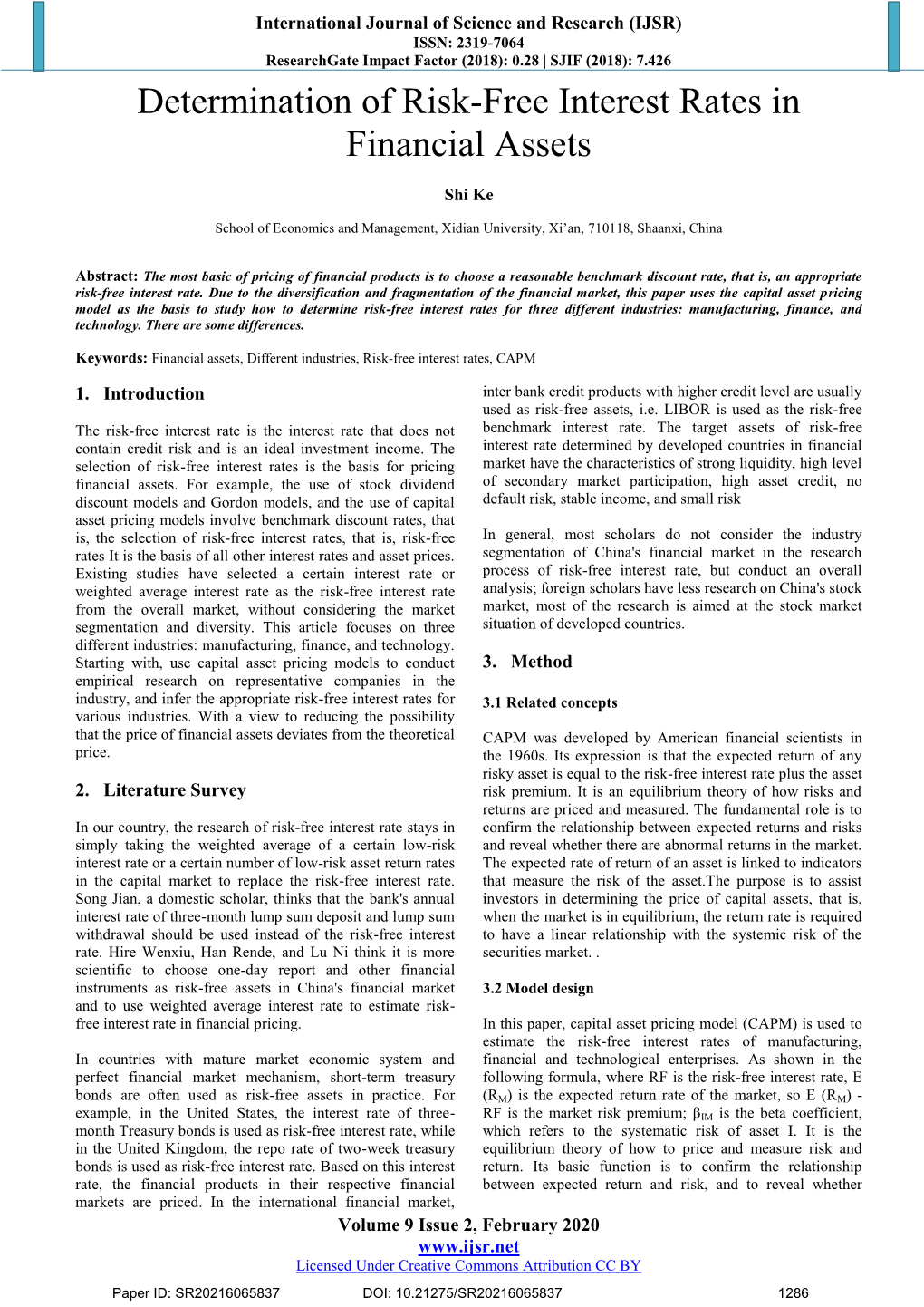 Determination of Risk-Free Interest Rates in Financial Assets